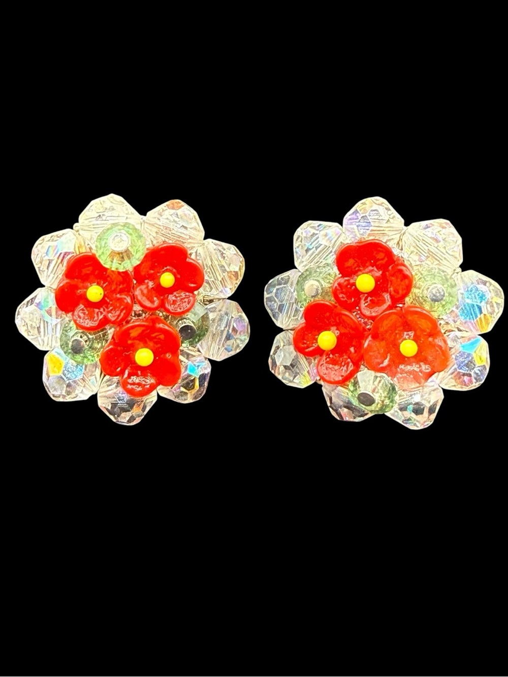 Vintage Vendome Lucite Crystal Flower Clip-On Earrings with Red Floral Accents